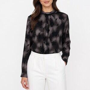 Esika Gray Black Floral Mock Neck Blouse Long Sleeve Button Back Top